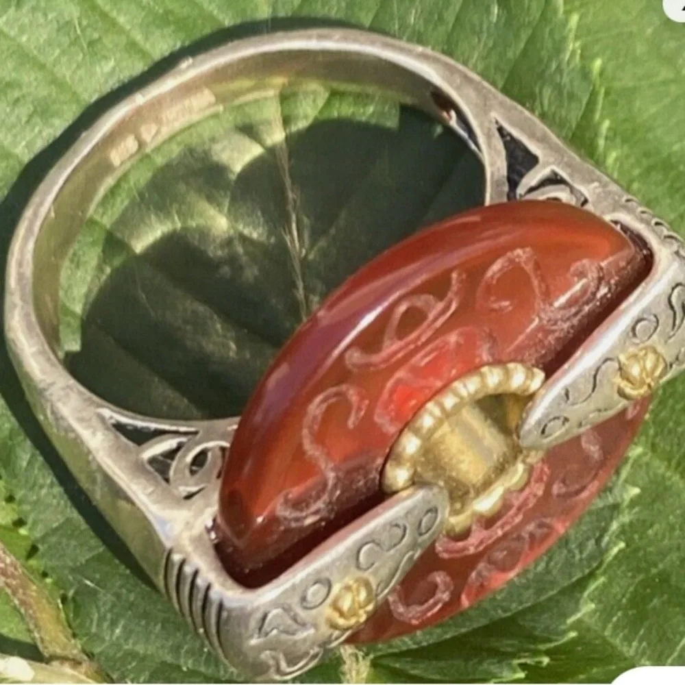 Sterling Silver Yellow Gold Vintage Ring Carved Jade Bi-Disc Estate Fine Jewelry
